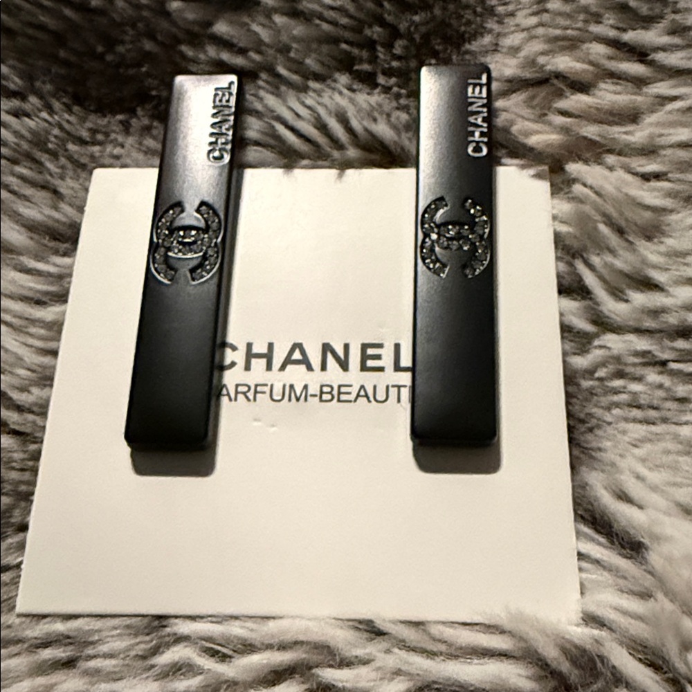 CHANEL Black Matte Logo Hair Clips - Pair